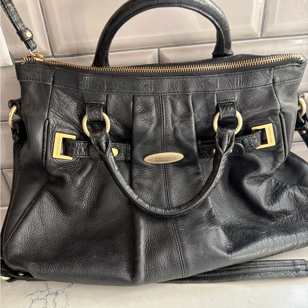Brahmin Black Leather Pebble Croc Embossed Shoulder Tote Bag Gold Double Handles